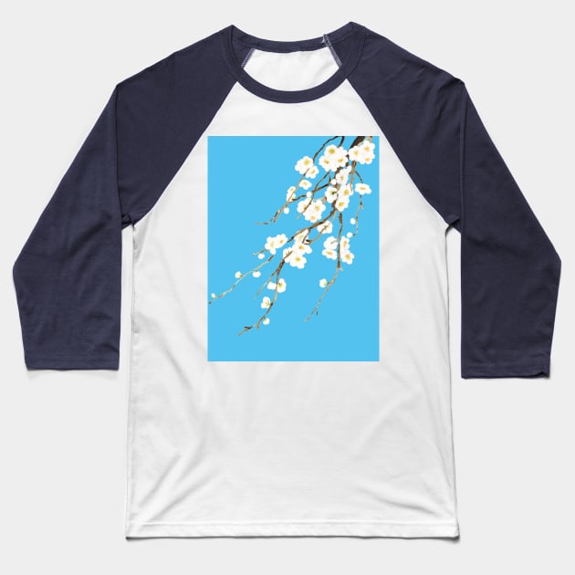 white plum flowers blossom in blue background watercolor Baseball T-Shirt by colorandcolor